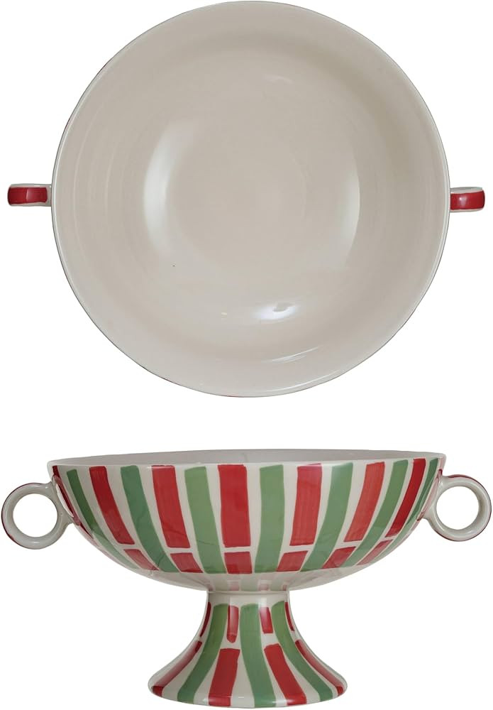 Creative Co-Op Stoneware Footed Bowl with Handles and Stripes, Red and Green | Amazon (US)