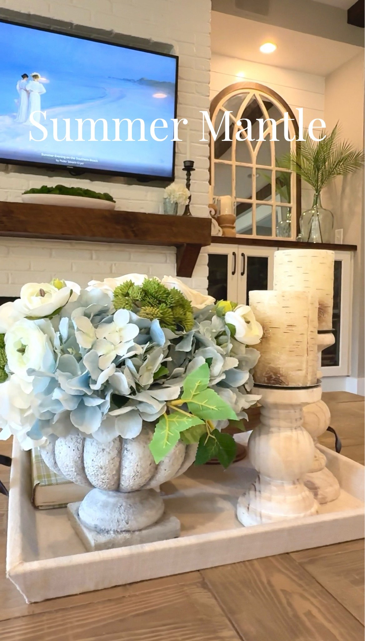 A glimpse of my summer mantle space. I use lots of moss in the summertime-it makes everything feel lush and green. Paired with beachy palm branches, and it feels like a mini vacation. 

#amazonhomefinds #summerdecor #coastaldecor

#LTKHome