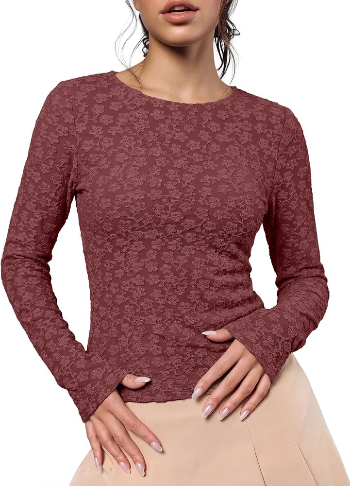 Sidefeel Womens Lace Long Sleeve Tops Sheer See Through Shirts Mesh Blouses | Amazon (US)