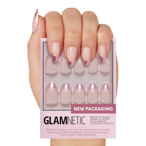 Glamnetic Press On Nails - Rock Candy | Trendy Short Almond Nails with Metallic Chrome Pink French Tips | 15 Sizes - 30 Nail Kit with Glue | Amazon (US)