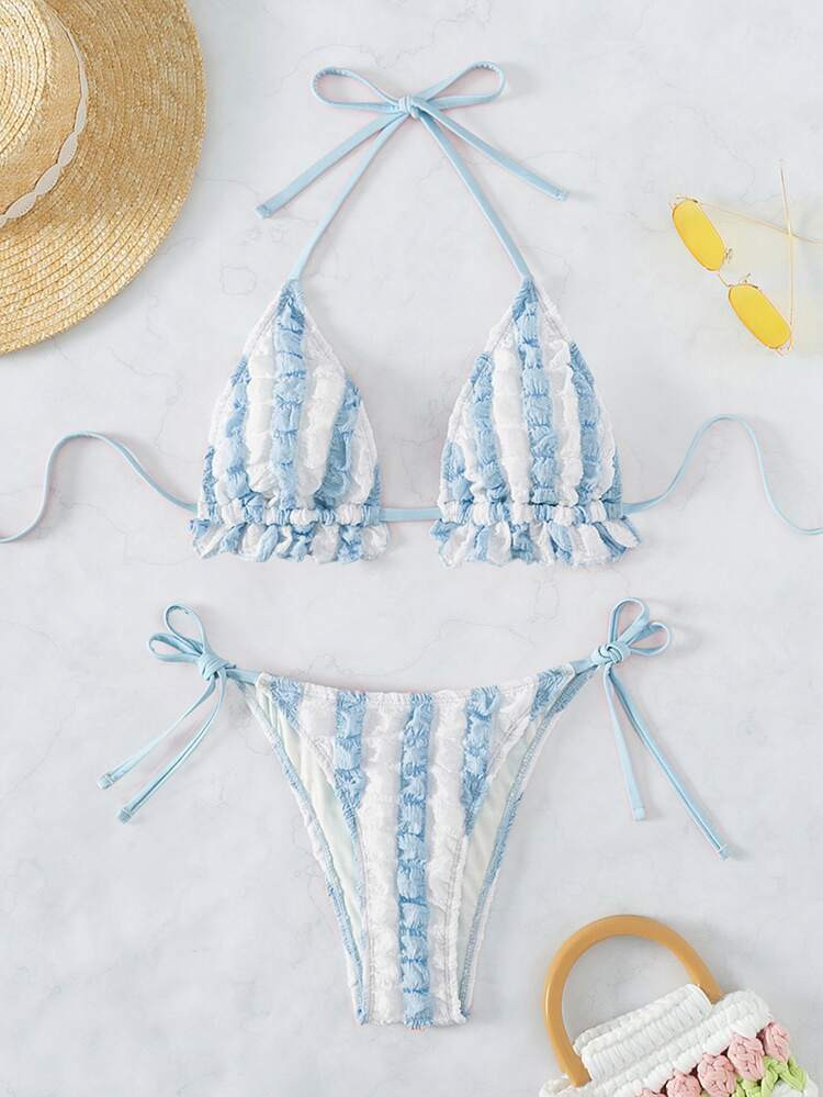 Striped Frill Trim Halter Triangle Bikini Swimsuit | SHEIN