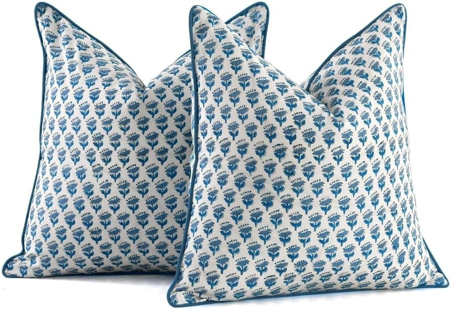 CPC 100% Cotton Throw Pillow Covers 20x20 Inch, Set of 2 Blue Block Print Pattern Couch Pillow, C... | Amazon (US)