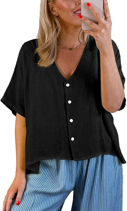 Tankaneo Womens Shirt Tops Batwing Short Sleeve Blouse Button Down Shirts | Amazon (US)