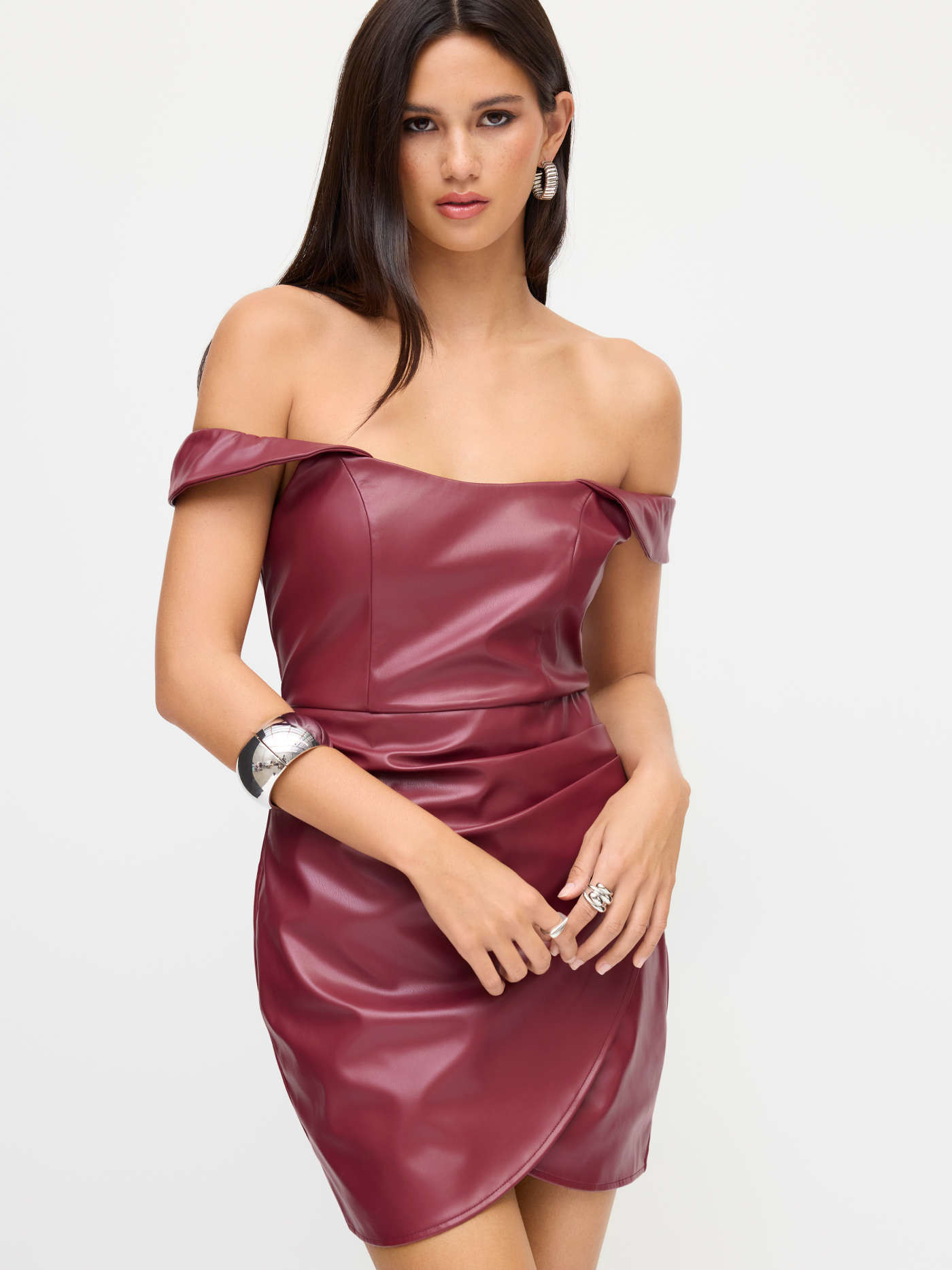 Faux Leather Faux Leather Off-shoulder Wrap Ruched Mini Dress For Daily Casual | Cider