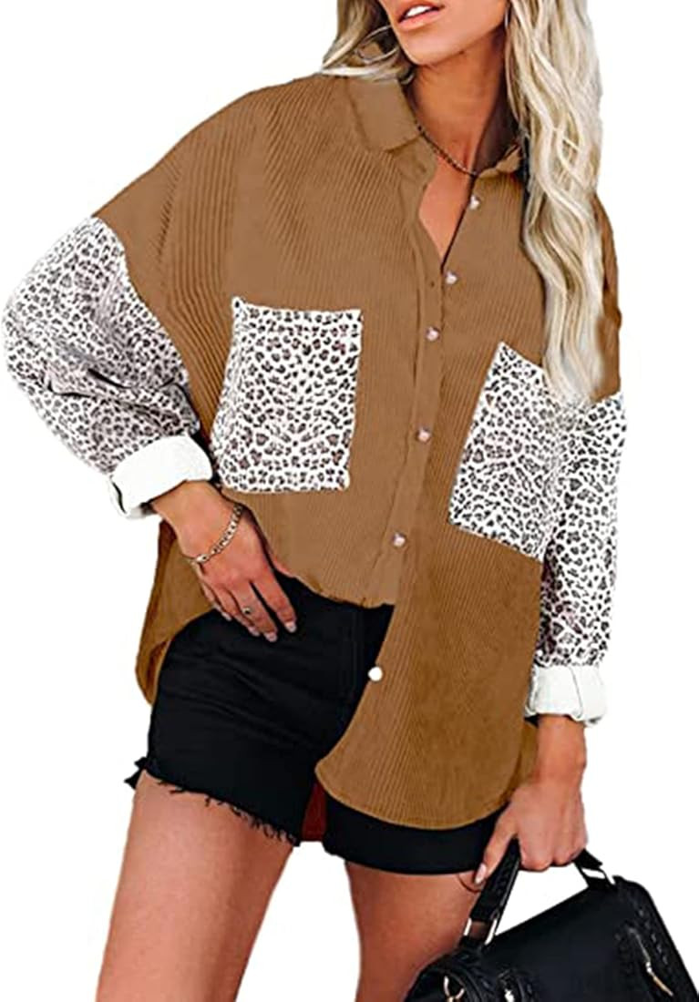 Women's Corduroy Shirts Long Sleeve Jacket Loose Casual Button Down Blouses Tops with Pockets | Amazon (US)