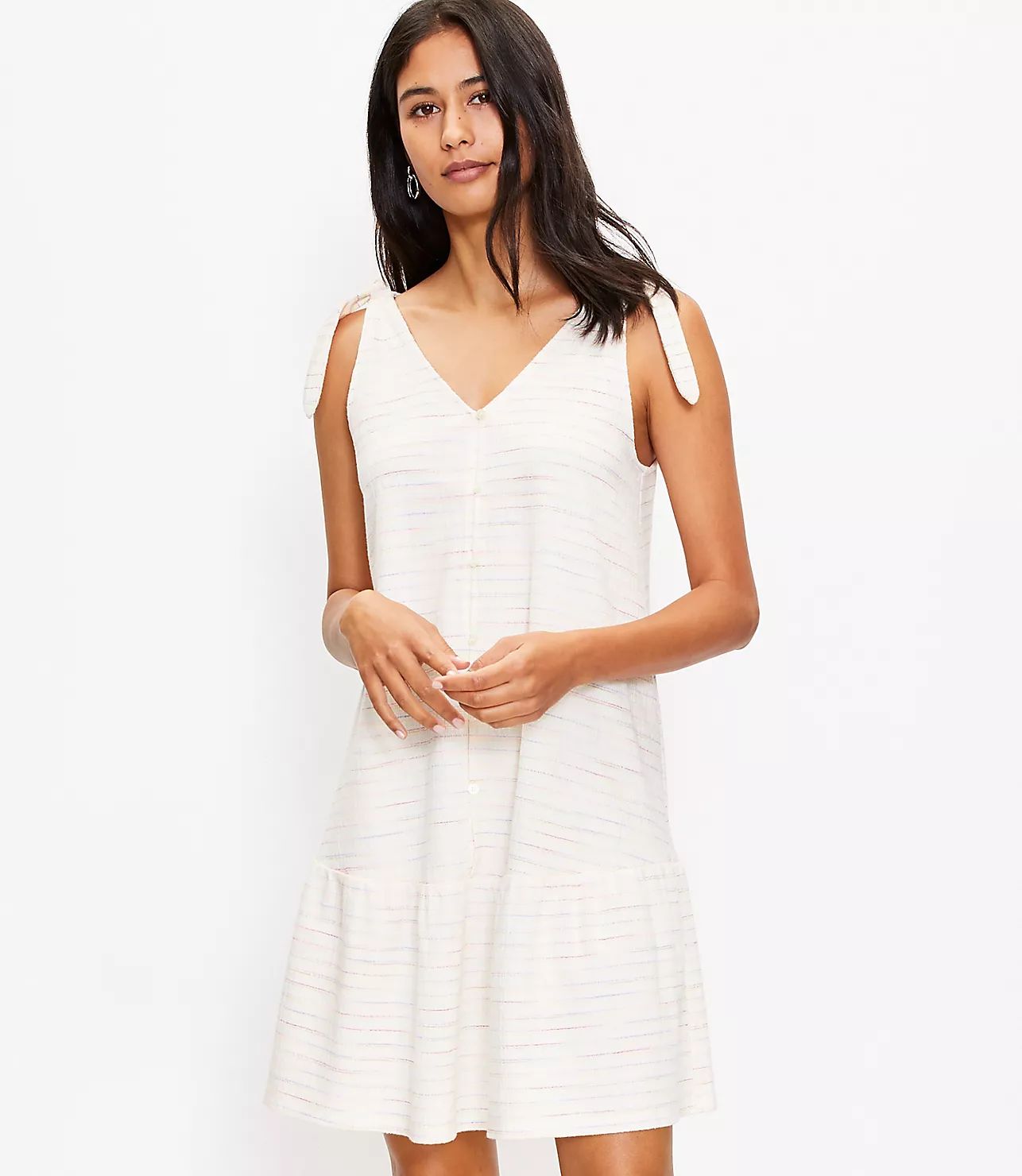 Bow Strap Button Flounce Dress | LOFT