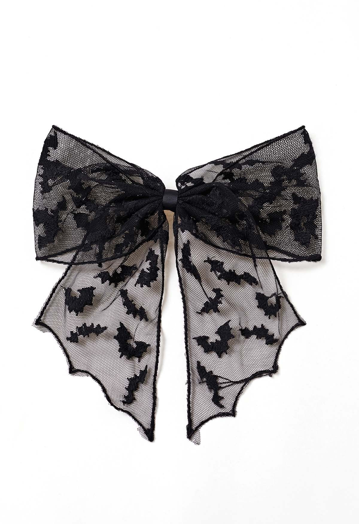 Bat Embroidered Bow Mesh Hair Barrette in Black | Chicwish
