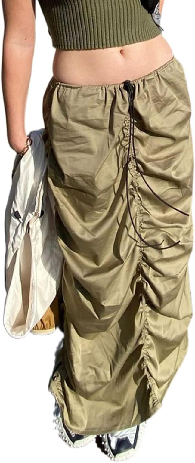 Women Long Cargo Skirts with Pockets Low Rise Drawstring Shirred Baggy Skirt E Girls Vintage Stre... | Amazon (US)