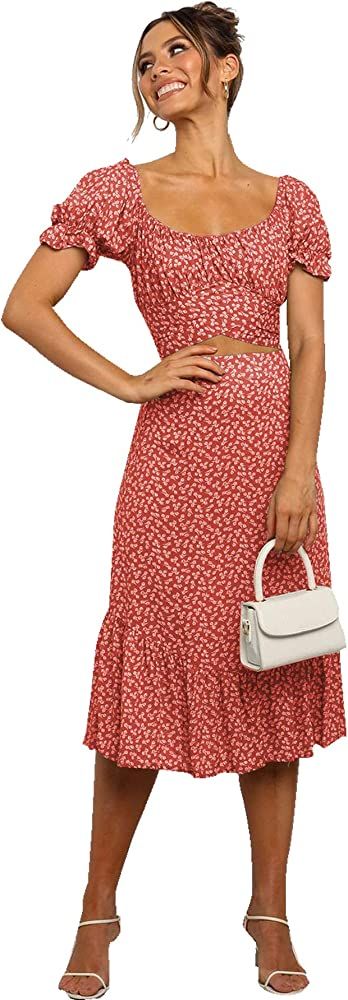 LYANER Women's 2 Piece Outfits Floral Self Tie Knot Crop Top and Midi Skirt Set | Amazon (US)