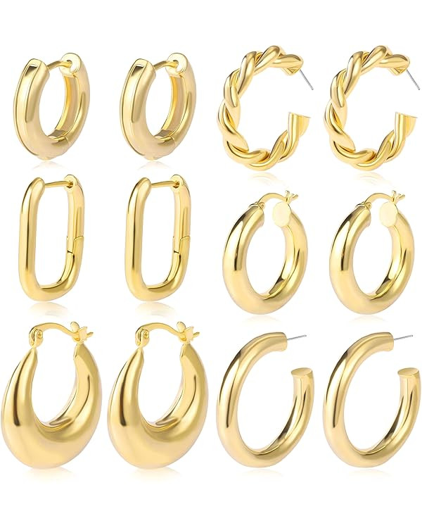 6 Pairs Chunky Gold Hoop Earrings Set for Women 14K Gold Plated Hypoallergenic Thick Open Huggie ... | Amazon (US)