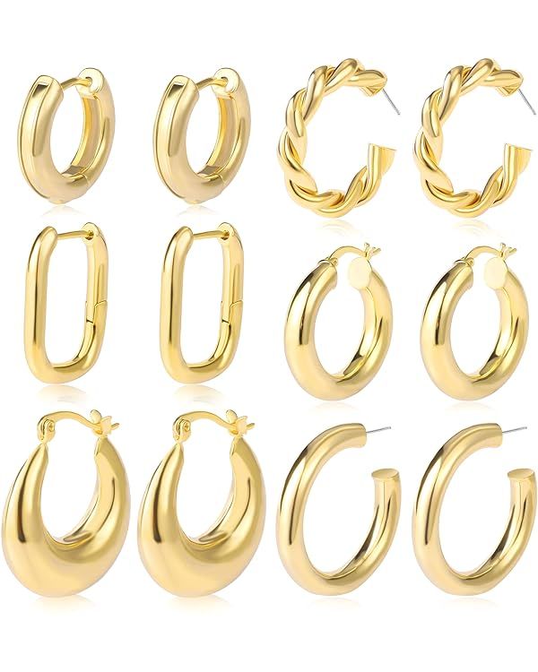 6 Pairs Chunky Gold Hoop Earrings Set for Women 14K Gold Plated Hypoallergenic Thick Open Huggie ... | Amazon (US)
