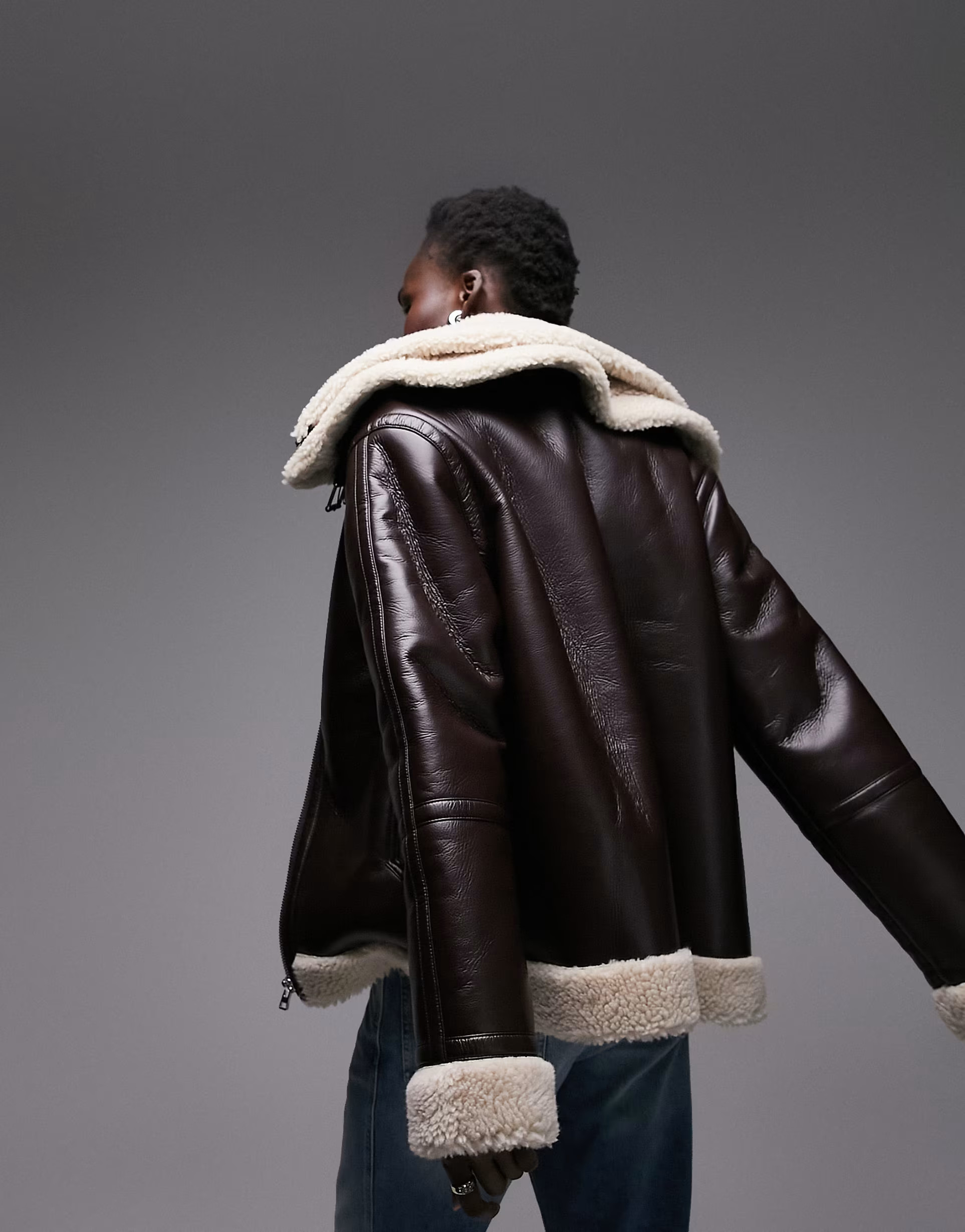 Topshop Tall faux leather shearling zip front oversized aviator jacket with double collar detail ... | ASOS (Global)
