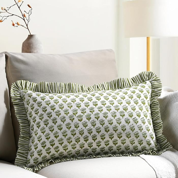CPC Hand Block Print Emerald Green Ruffle Sham Pillow Cover 20" x 12" inch Hidden Zipper Decorati... | Amazon (US)