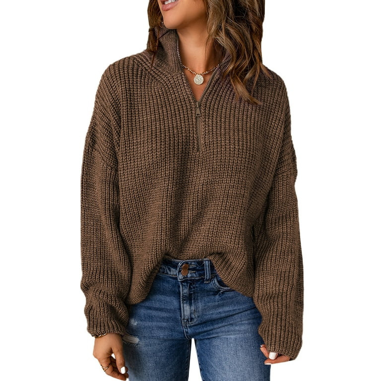 AlvaQ Sweaters for Women Waffle Knit Long Sleeve 1/4 Zip Pullover Polo V Neck Sweater Tops | Walmart (US)