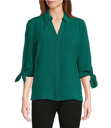 Slim Factor by Investments Nicole Point Collar Y-Neck 34 Tie Sleeve Button Front Top - S | Dillard's