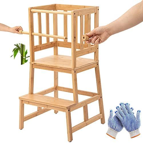 COSYLAND Bamboo Kids Kitchen Step Stool Helper with Gloves Removable Anti-Drop Railing Safety Rai... | Amazon (US)