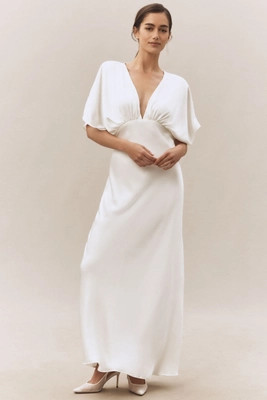 BHLDN Amelia Deep-V Flutter-Sleeve Satin A-Line Gown | Anthropologie (US)