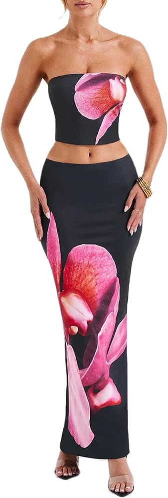 Juakoso Women Floral 2 Piece Long Skirt Sets Strapless Crop Tube Top Bodycon Maxi Skirt Y2k Two P... | Amazon (US)