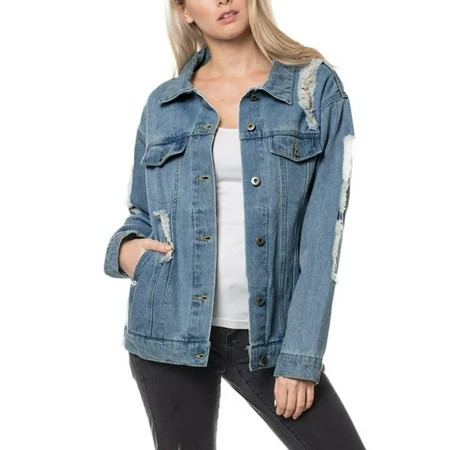 KOGMO Womens Distressed Boyfriend Denim Jacket Loose Fit with Inner Pockets | Walmart (US)