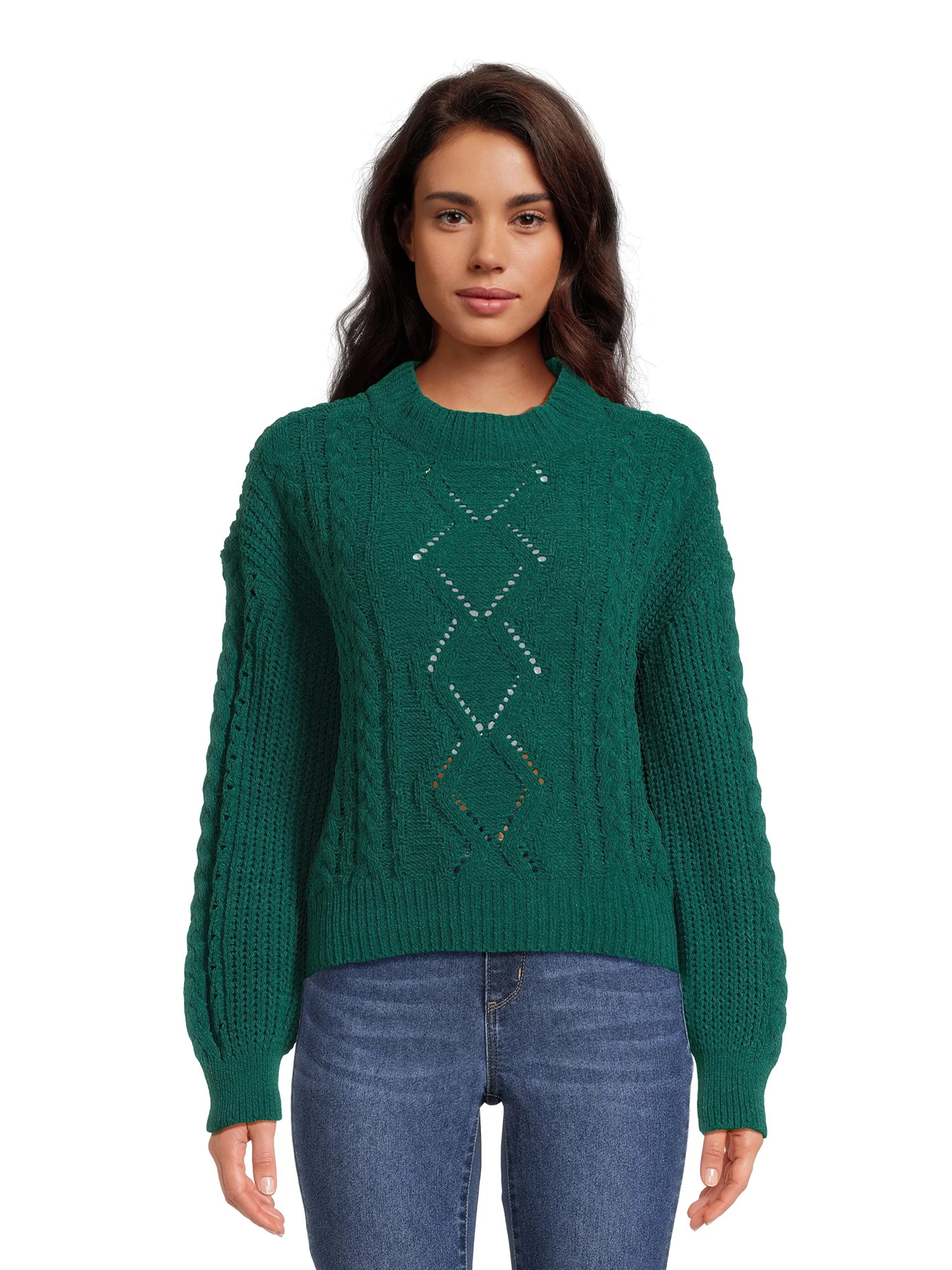 No Boundaries Juniors’ Mock Neck Cable Knit Sweater, Midweight, Sizes XS-XXXL | Walmart (US)