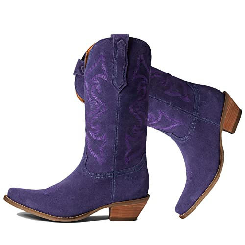 LEHOOR Purple Western Boots Women Embroidered Knee High Cowboy Boots Purple Low Chunky Heel Pointed Toe Pull On Purple Mid Calf Cowgirl Boot V Cut Suede Vintage Fall Winter Boot Suede Purple 6 | Amazon (US)