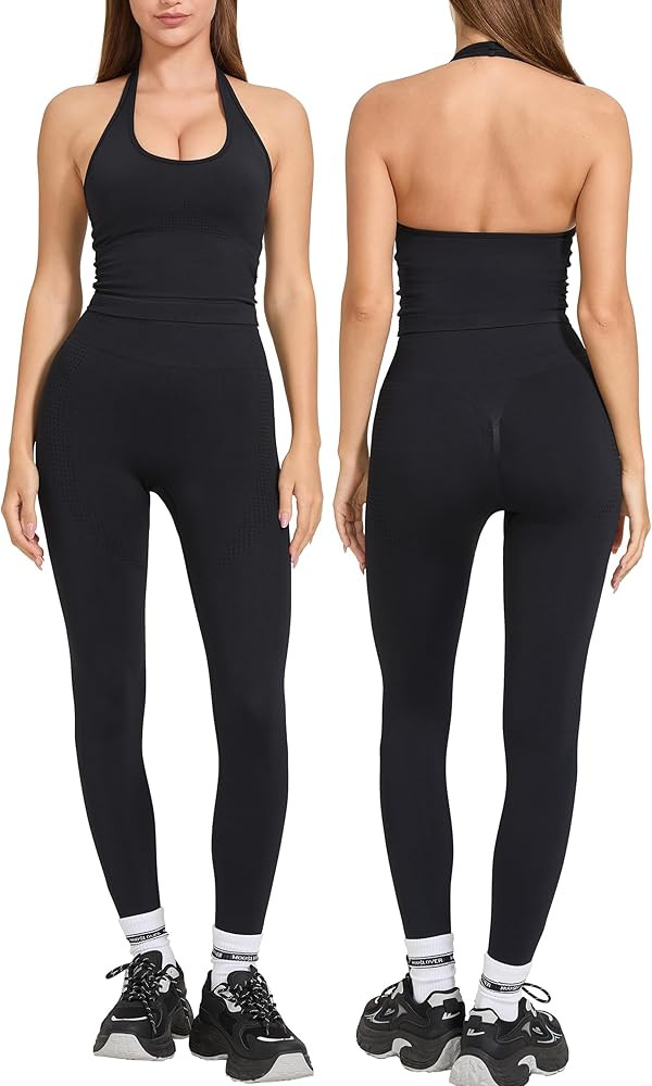 MOOSLOVER Women 2 Piece Workout Sets Halter Sports Bra Butt Lifting Leggings Gym Yoga Outfits | Amazon (US)