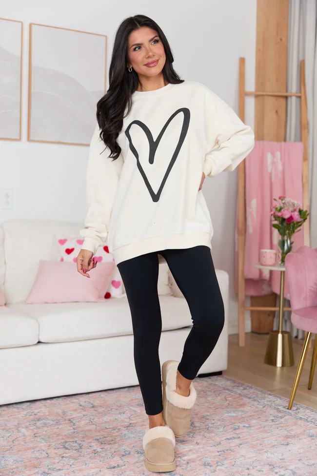 Black Heart Sketch Cream Graphic Sweatshirt | Pink Lily