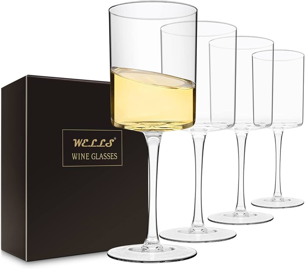 Large Square Wine Glasses Set of 4 Crystal,17oz Clear Cylinder Wine Glassware Flat Bottom,Hand Bl... | Amazon (US)
