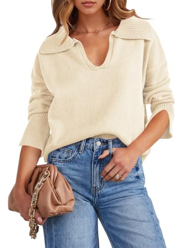 Saodimallsu Womens V Neck Sweaters Collared Fall Ribbed Knit Trendy Loose Casual Slit Long Sleeve... | Amazon (US)