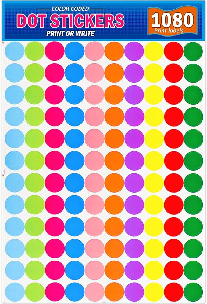 1080 Pcs Color Coding Circle Dot Stickers - 3/4" Round Labels 10 Assorted Colors for Office Class... | Amazon (US)