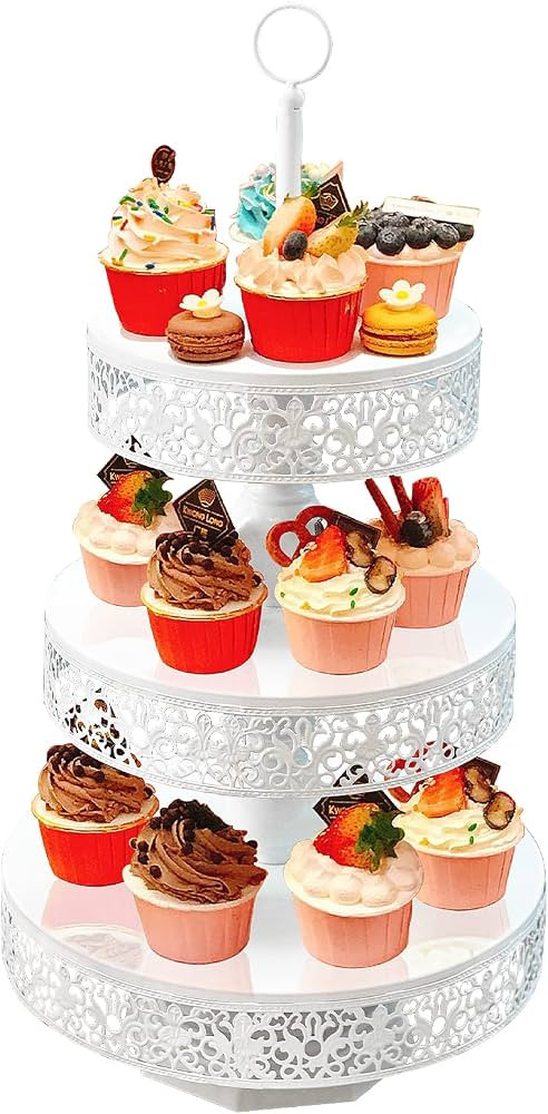 White Cupcake Stand - Tiered Dessert Table Display Set 3 Tier Metal White Serving Tray Round Cake... | Amazon (US)