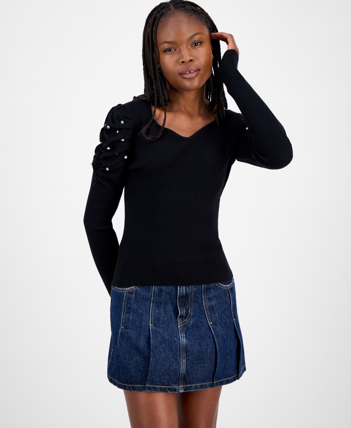 Madden Girl Juniors' Puff-Shoulder Rhinestone Sweater - Black | Macy's