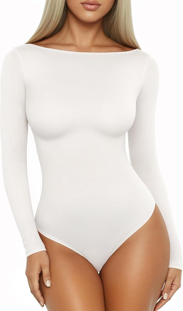 MANGOPOP Women's Boat Neck Long Sleeve Bodysuit Basic Thong Body Suit Fall Going Out Tops 2025 | Amazon (US)