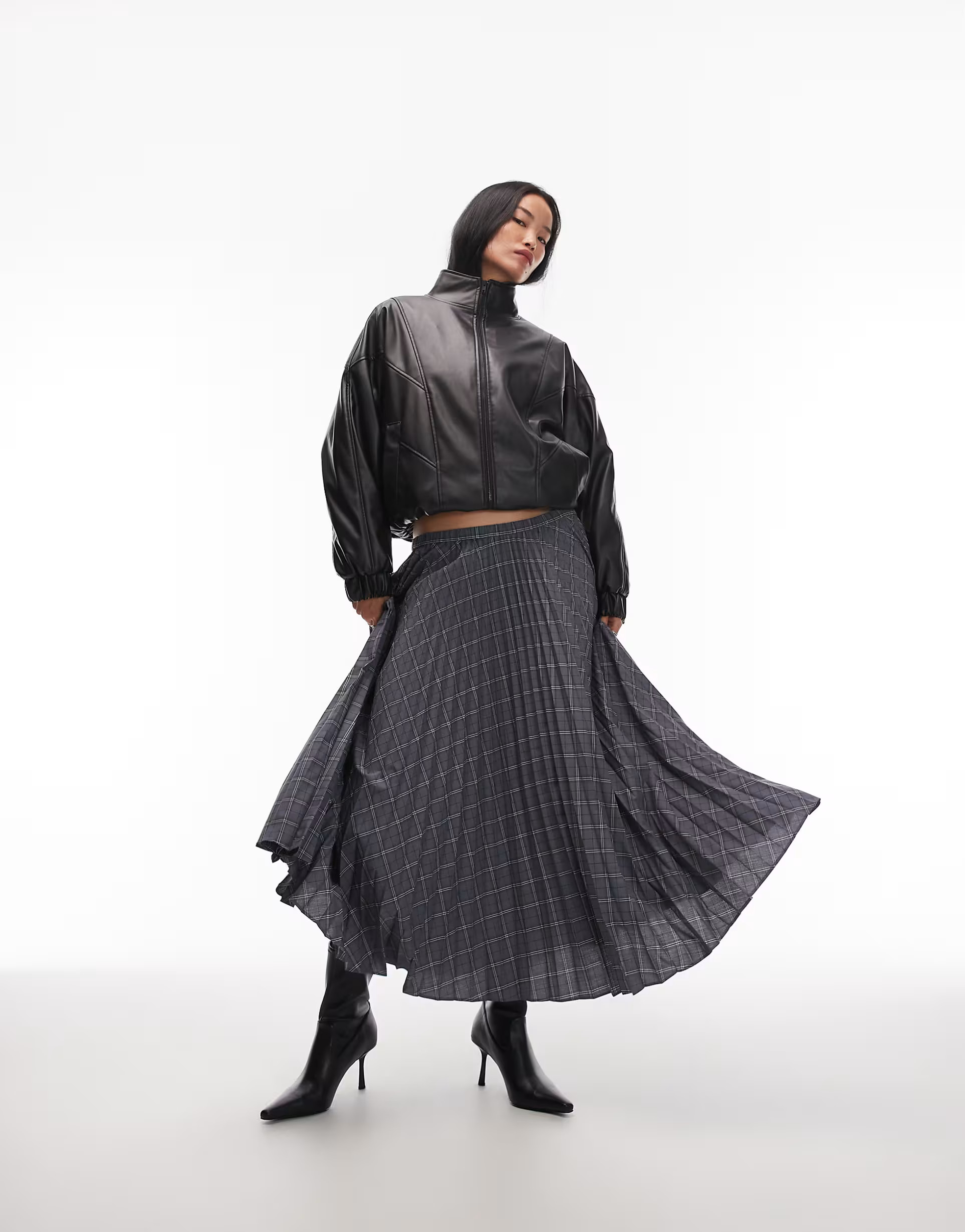 ARKET pleated volume midi skirt in gray plaid | ASOS (Global)