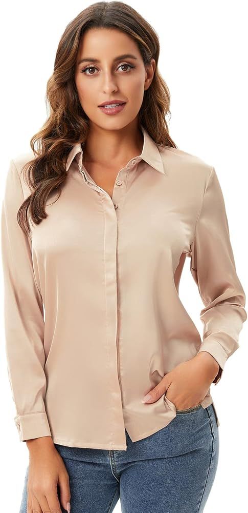 Escalier Women's Silk Blouse Long Sleeve Satin Button Down Shirt Casual Work Office Silky Blouse Top | Amazon (US)