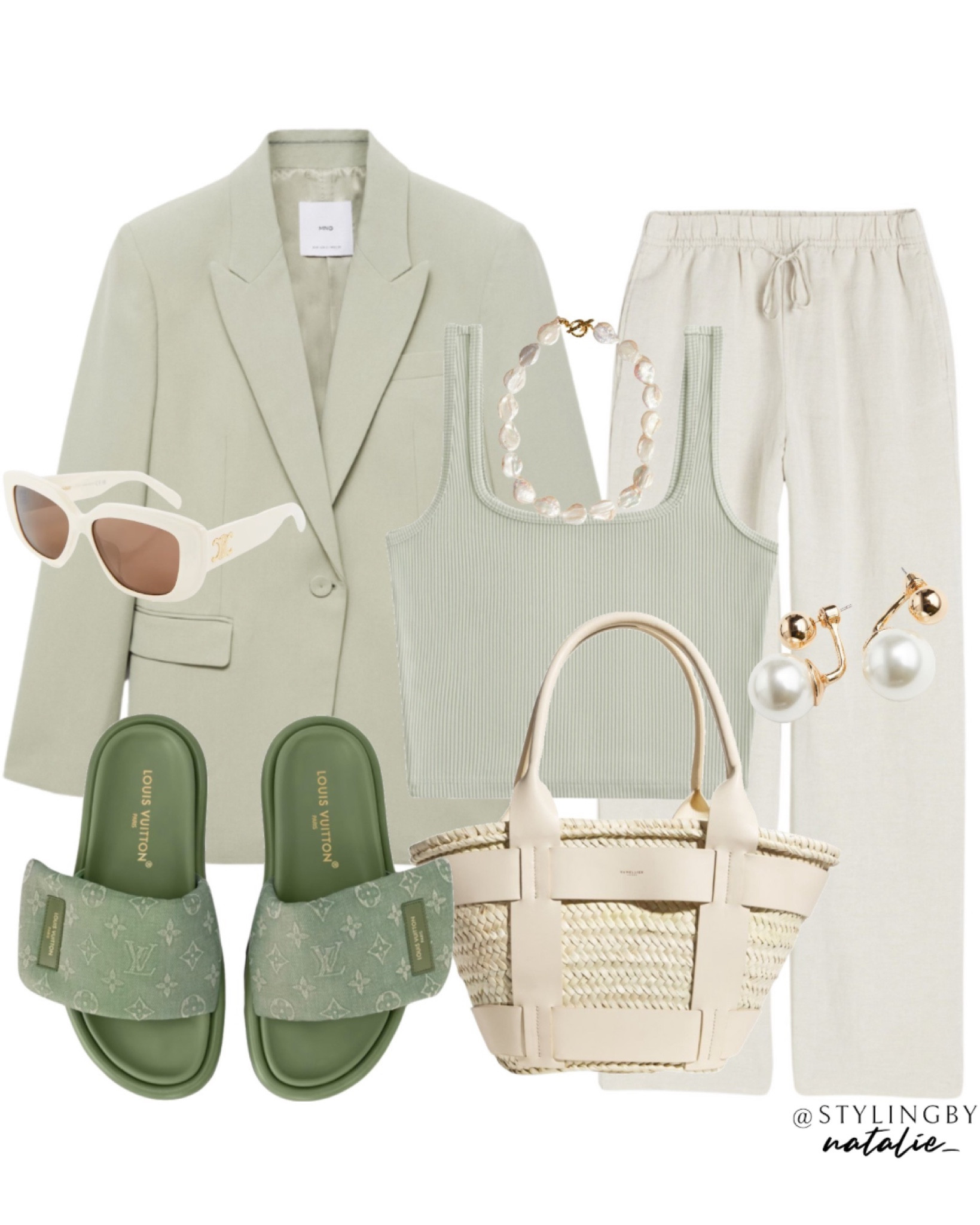 Green blazer, linen trousers, ribbed crop top, Demellier straw tote bag, green slides, celine sunglasses & pearl accessories. Green outfit, casual outfit, summer outfit, everyday look.

#LTKeurope #LTKstyletip #LTKsummer
