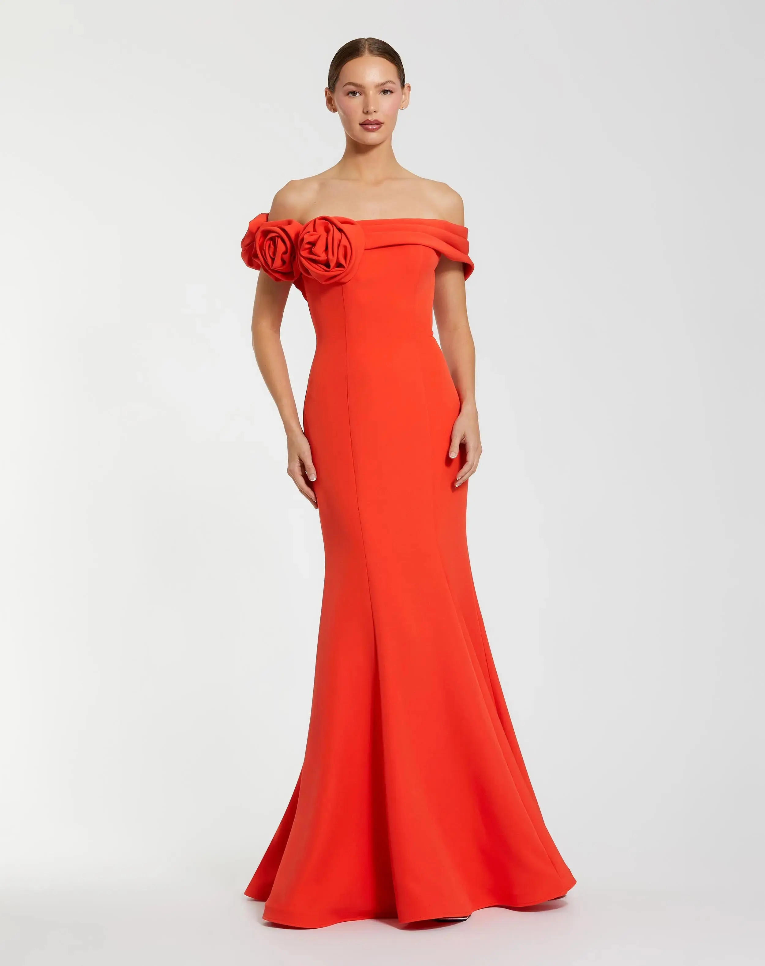 Orange Off The Shoulder Crepe Mermaid Gown | Mac Duggal | Mac Duggal