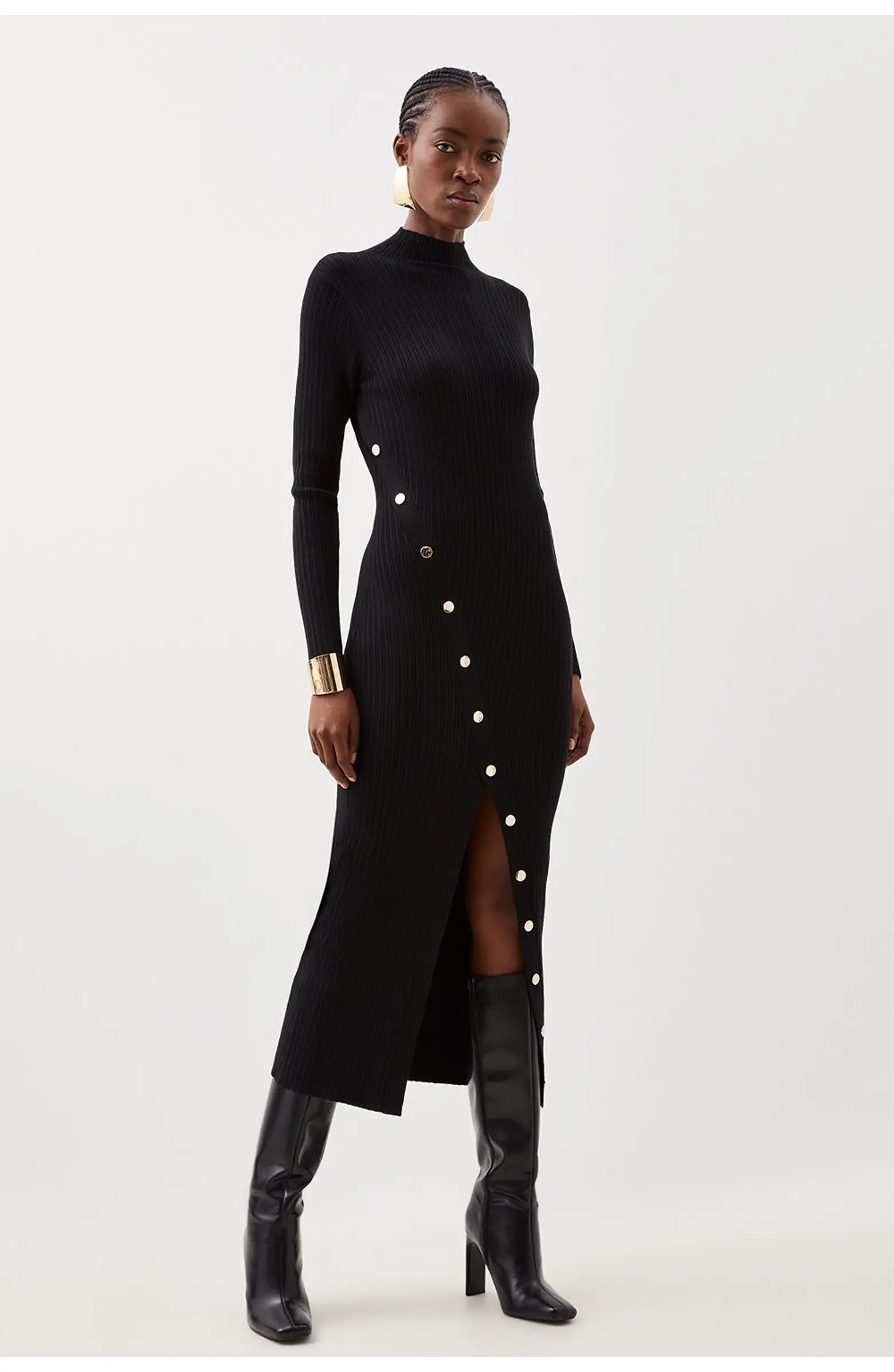 Karen Millen Viscose Popper Split Knit Midi Dress | Nordstrom | Nordstrom