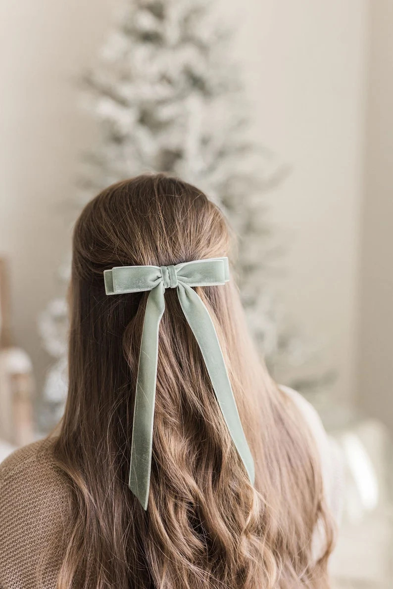 Sage Velvet Hair Bow Long Ribbon Tails French Barrette Grace - Etsy | Etsy (US)