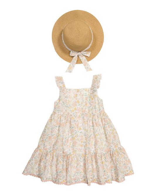 Toddler Girls Ruffle Strap Button Front Dress With Hat | TJ Maxx