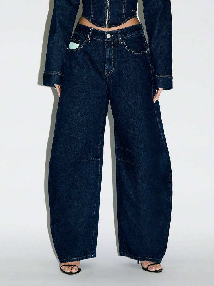 KIZN Wide Leg Denim Jeans Barrel Cut High Waisted Raw Indigo Y2K Fashion Retro Statement Baggy Pants Fall Winter Streetwear | SHEIN