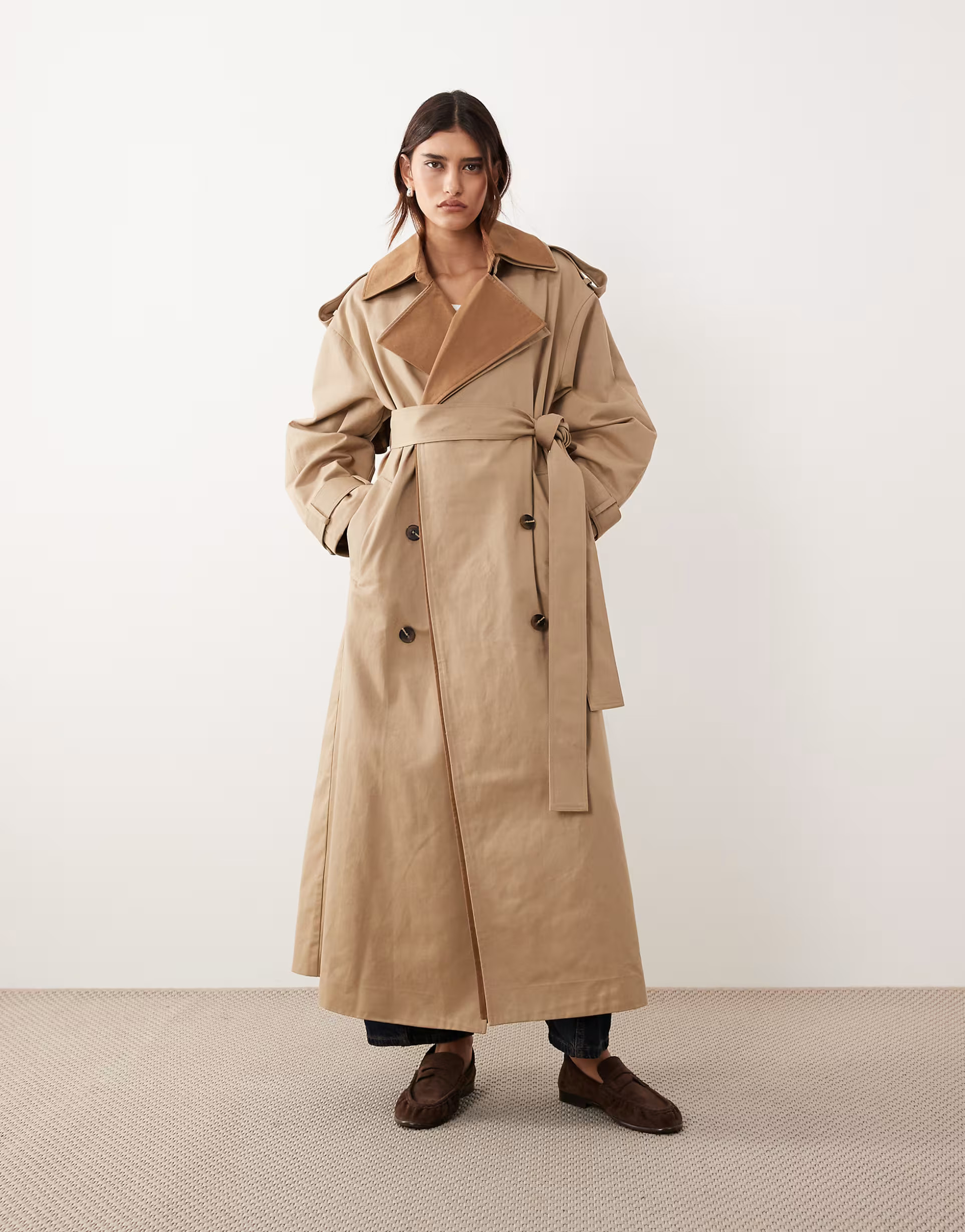 ARRANGE two tone lapel double breasted trench coat in tan | ASOS (Global)