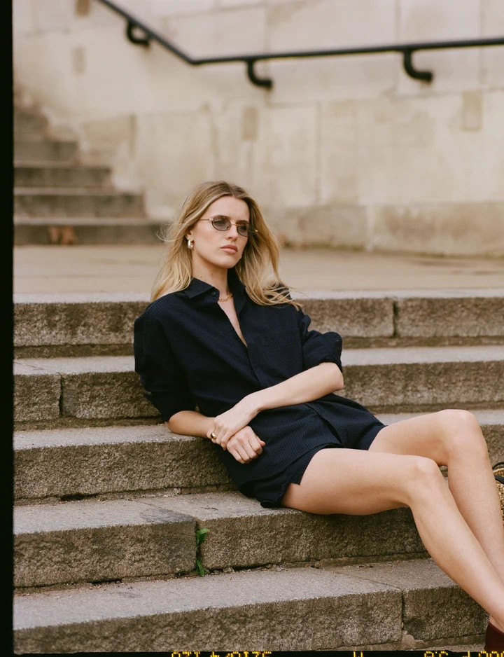 The Set: Seersucker Navy Blue Shirt & Boxer Shorts | With Nothing Underneath