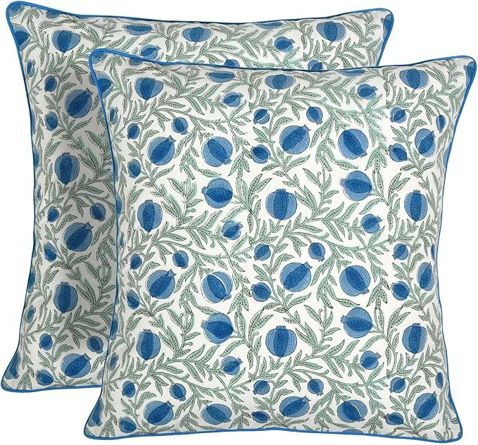 Ridhi Queen Blue Block Print Preppy Grandmillennial Pillow Cover Set of 2-18" x 18" Throw Pillow ... | Amazon (US)