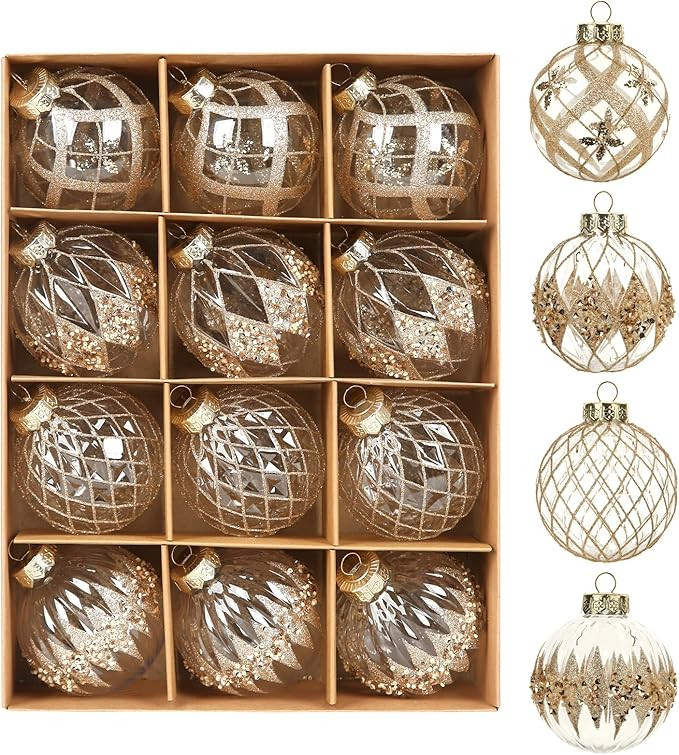 12 PCS Champagne Christmas Ornaments, 80mm/3.15 Inches Clear Luxury Hand-Painted Xmas Ball Orname... | Amazon (US)