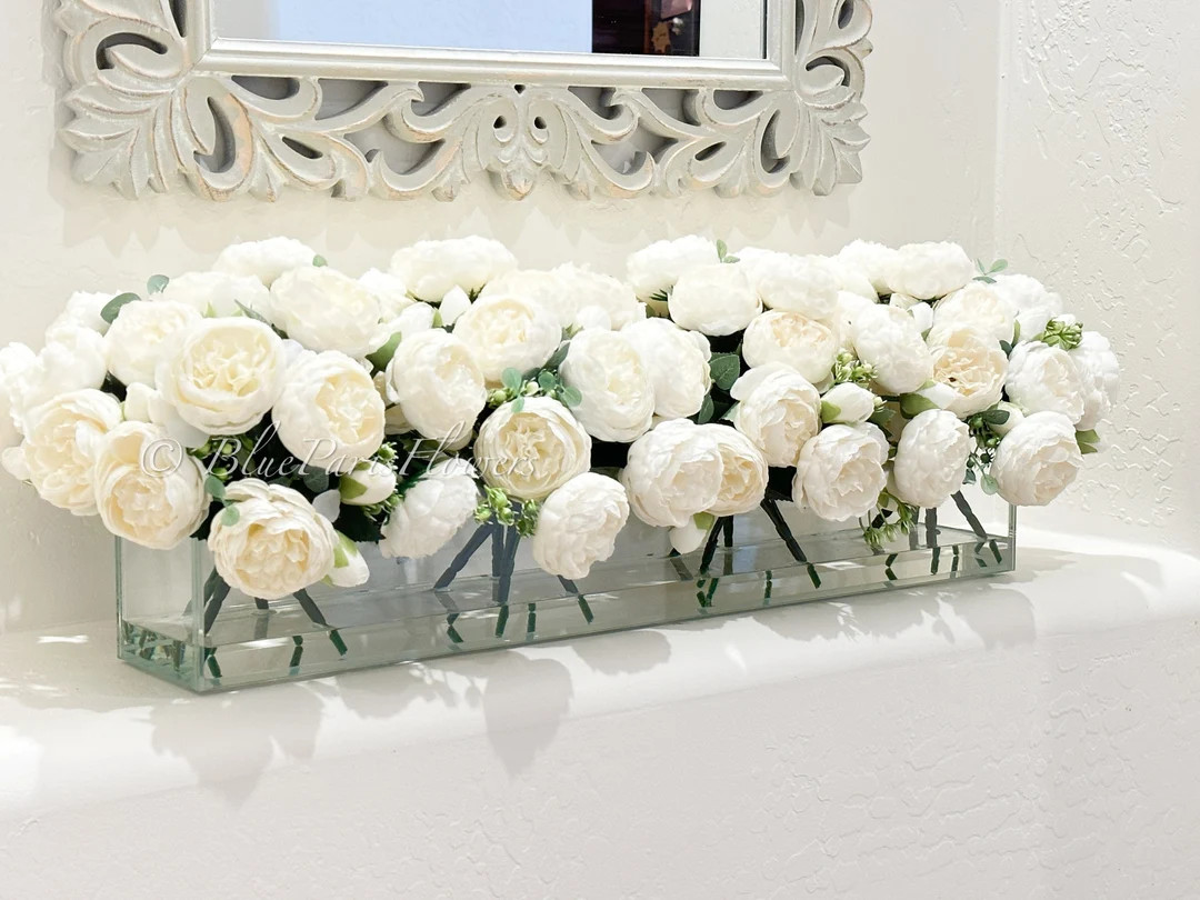 White Rose Peony Arrangement: Modern Faux Floral Centerpiece in Glass Vase - Etsy | Etsy (Global)