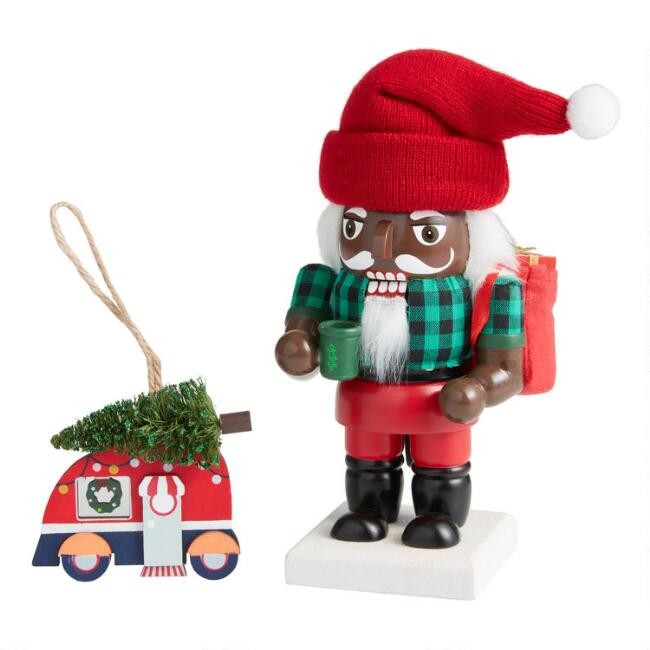 Black Lumberjack Nutcracker and Trailer Ornament Set | World Market