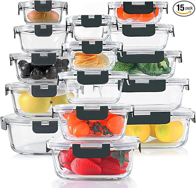 KOMUEE 30 Pieces Glass Food Storage Containers Set, Glass Meal Prep Containers Set with Snap Lock... | Amazon (US)