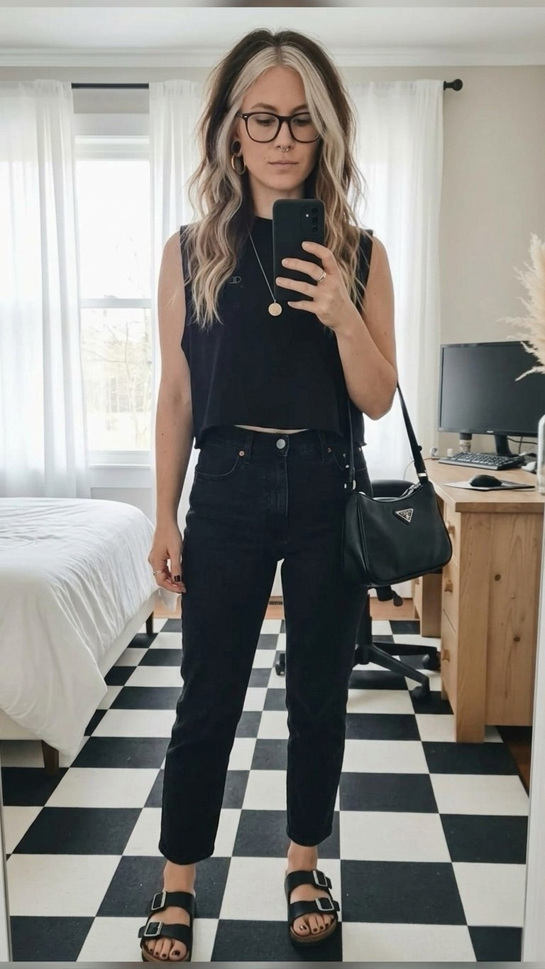 If you know me, you know an all-black fit is my love language. Today’s look is all about that effortless, edgy-minimalist energy. I’ve paired these high-waisted straight-leg denim with a cropped muscle tank for a silhouette that feels modern but totally comfortable.

Added the iconic buckled slides for that "I just threw this on" vibe and my go-to nylon shoulder bag to keep it chic. Perfect for a coffee run, a casual desk day, or just feeling like a main character. 

#LTKmomlife #LTKootd #LTKgrwm