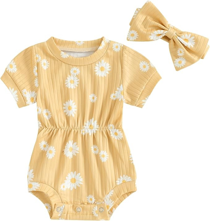 Madjtlqy Newborn Baby Girl Summer Bubble Romper Short Sleeve Daisy Bodysuit with Headband Infant ... | Amazon (US)